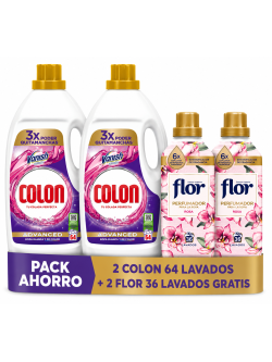 Pack Ahoro Colon Advanced Detergente Líquido 2x 64 Lavados + Flor Rosa 2x36 Lavados Gratis, Ropa Blanca y Color, Quitamanchas