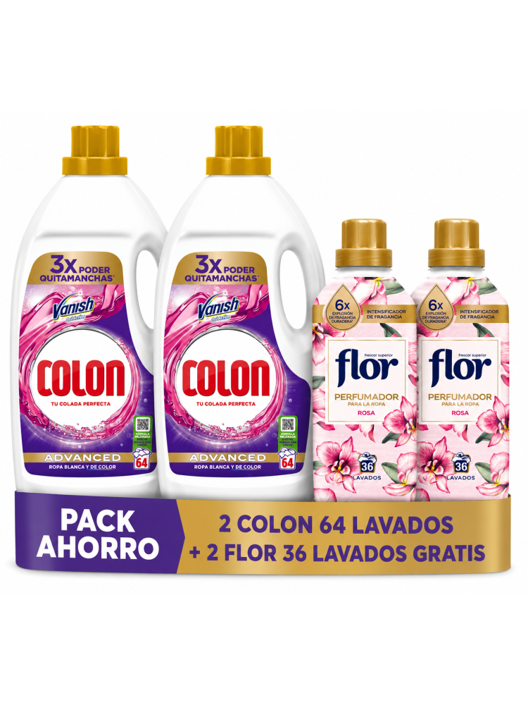 Pack Ahoro Colon Advanced Detergente Líquido 2x 64 Lavados + Flor Rosa 2x36 Lavados Gratis, Ropa Blanca y Color, Quitamanchas