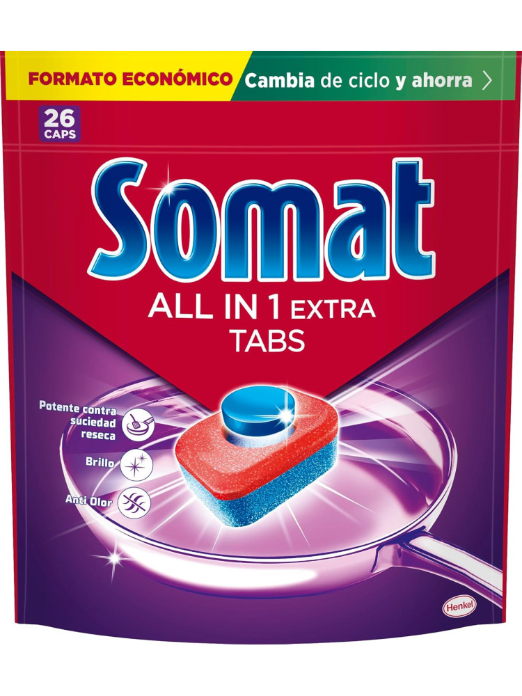 Somat All in 1 Extra Pastillas Lavavajillas 26 Cápsulas, Limpieza, Brillo, Antiolor y Protección del Cristal