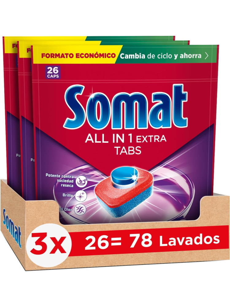 Somat All in 1 Extra Pastillas Lavavajillas 78 Cápsulas (3 x 26), Limpieza, Brillo y Protección Total