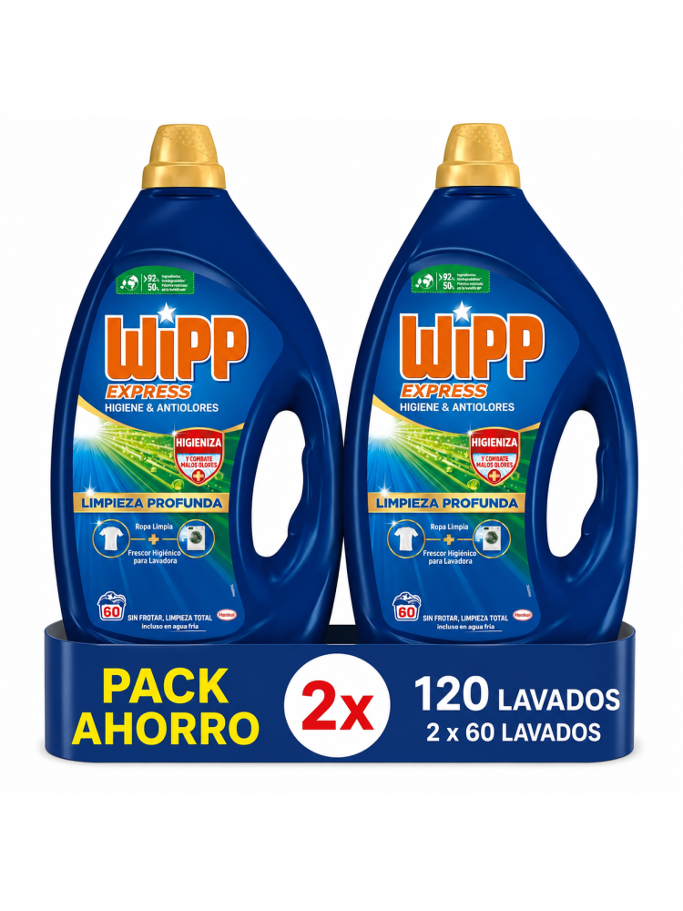 Wipp Express Higiene y Antiolores Detergente Líquido Pack 2 x 60 Lavados (120 Lavados), Limpieza Profunda