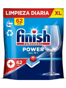 Finish Powerball Power All in 1 XL 62 Pastillas para Lavavajillas, Limpieza Diaria, Brillo y Protección del Cristal