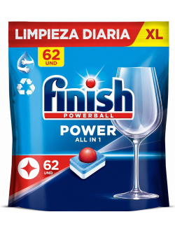 Finish Powerball Power All in 1 XL 62 Pastillas para Lavavajillas, Limpieza Diaria, Brillo y Protección del Cristal
