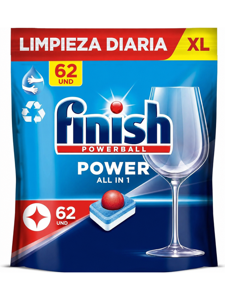 Finish Powerball Power All in 1 XL 62 Pastillas para Lavavajillas, Limpieza Diaria, Brillo y Protección del Cristal