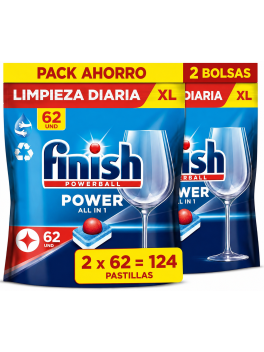 Pack 2 Bolsas Finish Powerball Power All in 1 XL 124 Pastillas Lavavajillas, Limpieza Diaria y Brillo Cristal