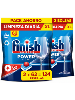 Pack 2 Bolsas Finish Powerball Power All in 1 XL 124 Pastillas Lavavajillas, Limpieza Diaria y Brillo Cristal