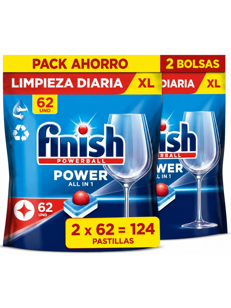 Pack 2 Bolsas Finish Powerball Power All in 1 XL 124 Pastillas Lavavajillas, Limpieza Diaria y Brillo Cristal