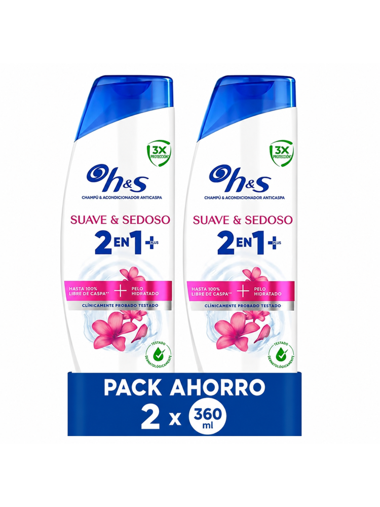 Head & Shoulders Suave y Sedoso 2 en 1 Plus Champú y Acondicionador Anticaspa, Cabello Hidratado y Brillante.Pack 2 und