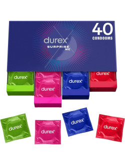 Durex Surprise Me Pack Variado 40 Preservativos, Feeling, Essential, Pleasure Me y Tickle Me, Surtido Mixto