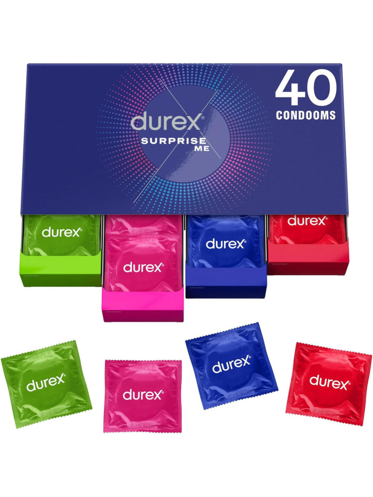 Durex Surprise Me Pack Variado 40 Preservativos, Feeling, Essential, Pleasure Me y Tickle Me, Surtido Mixto