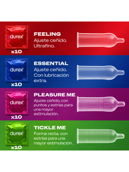 Durex Surprise Me Pack Variado 40 Preservativos, Feeling, Essential, Pleasure Me y Tickle Me, Surtido Mixto