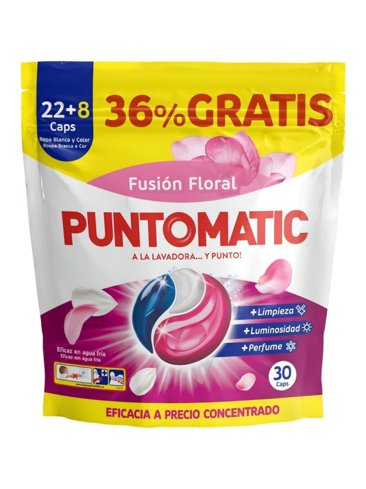 Puntomatic Fusión Floral Cápsulas Detergente Lavadora 30 Caps, Ropa Blanca y Color, Limpieza y Frescura Floral
