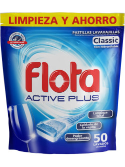 Flota Active Plus Classic Pastillas Lavavajillas 50 Lavados, Film Hidrosoluble, Poder Desengrasante y Brillo