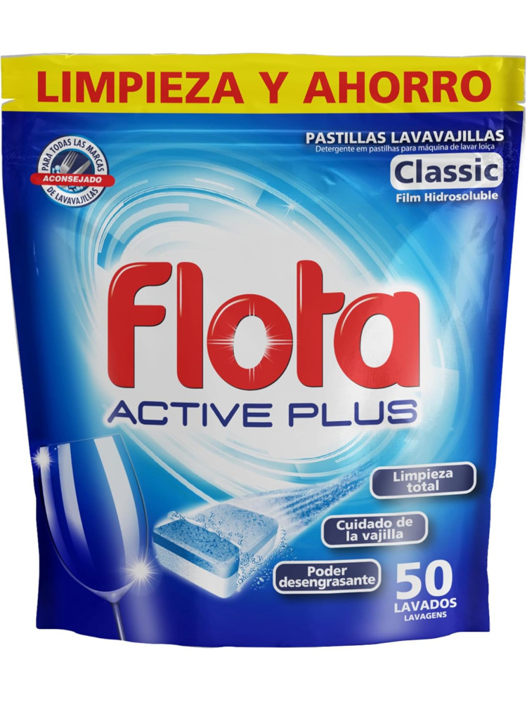 Flota Active Plus Classic Pastillas Lavavajillas 50 Lavados, Film Hidrosoluble, Poder Desengrasante y Brillo
