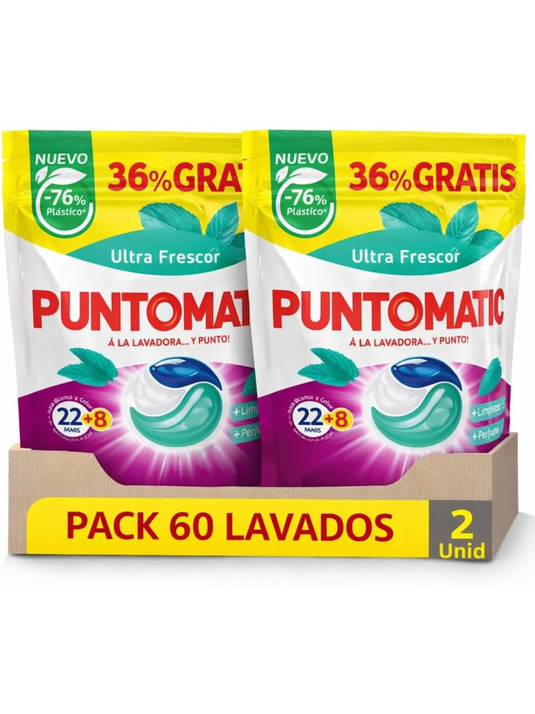 Puntomatic Ultra Frescor Pack 60 Lavados, 2 x 30 Cápsulas Detergente Lavadora,Eficaz en Agua Fría
