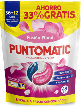 Puntomatic Fusión Floral Cápsulas Detergente Lavadora 48 Caps, Ropa Blanca y Color, Limpieza y Frescura Floral